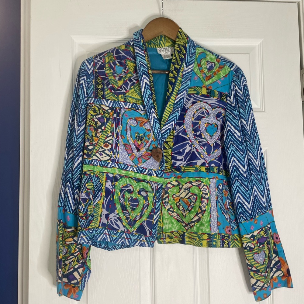 Minnie's Closet patchwork "wearable art" blazer w/ wooden heart buttons - Small